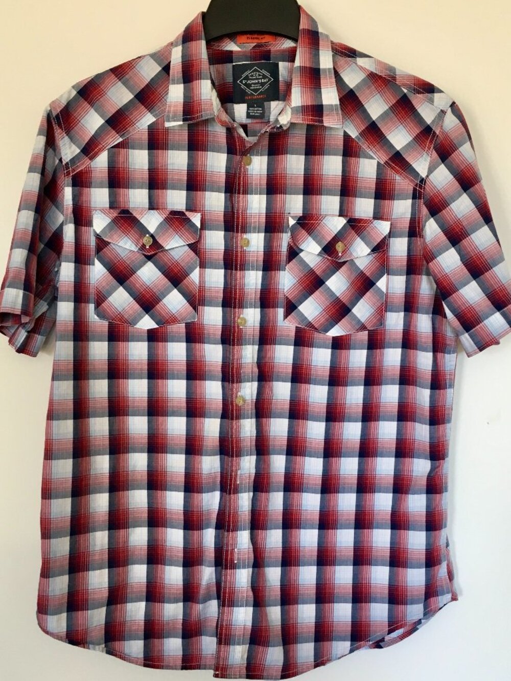 St John's Bay Men's Red/White Plaid Short Sleeve Cotton Button Down Shirt Size L